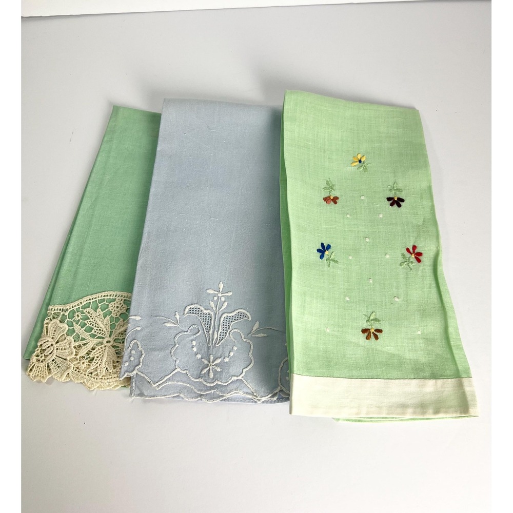Vintage MCM guest towels teatowels set of 3 embroidered needlework lace